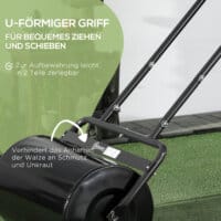 Eine schwarze Rasenwalze und Gartenwalze aus Metall mit 38 Litern Fassungsvermögen für Wasser oder Sand und einem U-Griff.