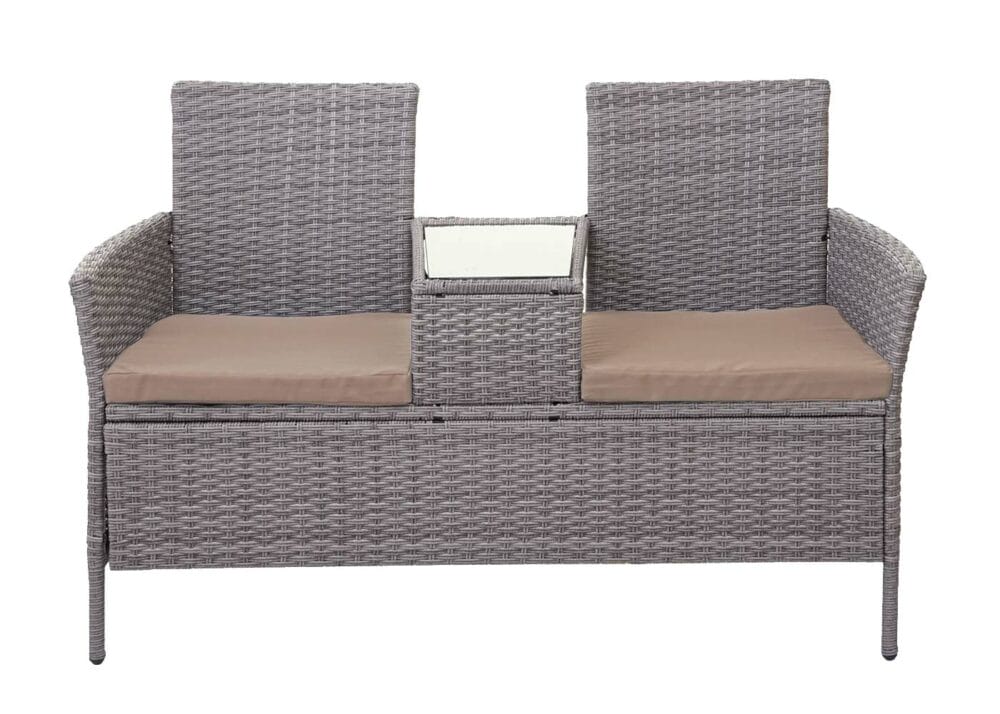 Rattan Gartenbank mit Tisch 132cm grau, Kissen creme