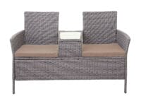 Rattan Gartenbank mit Tisch 132cm grau, Kissen creme