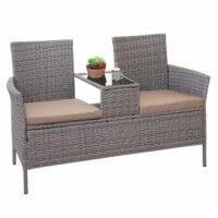 Rattan Gartenbank mit Tisch 132cm grau, Kissen creme