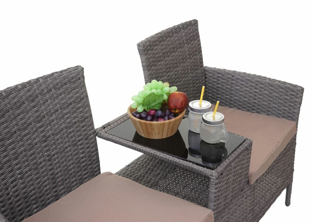 Rattan Gartenbank mit Tisch 132cm grau, Kissen creme