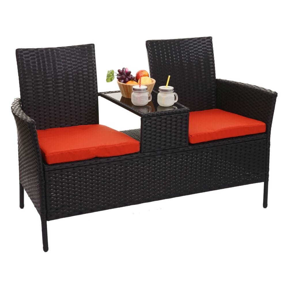 Rattan Gartenbank mit Tisch 132cm schwarz, Kissen terrakotta