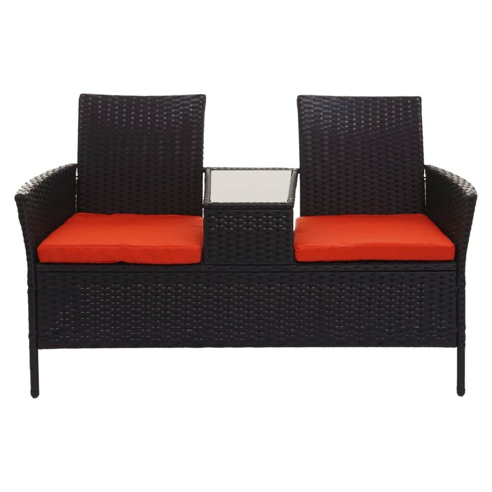 Rattan Gartenbank mit Tisch 132cm schwarz, Kissen terrakotta