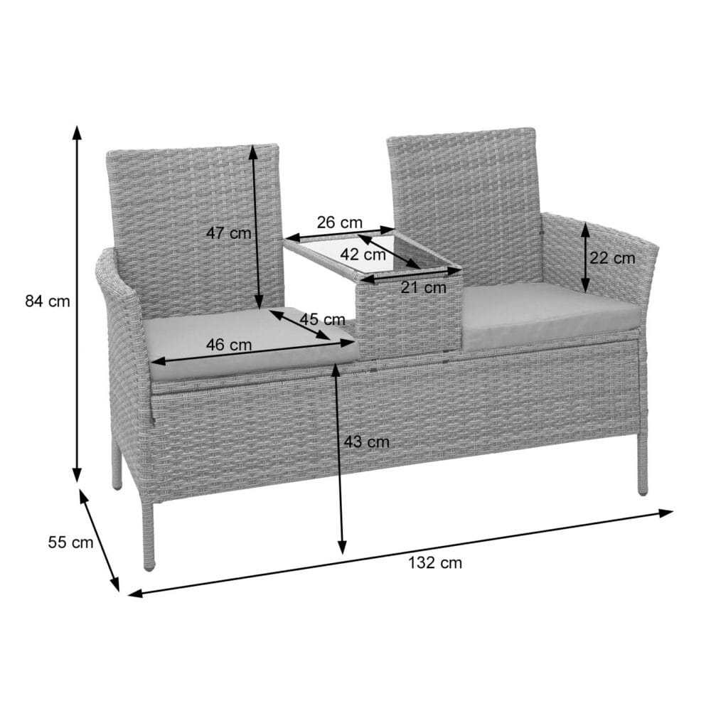 Rattan Gartenbank mit Tisch 132cm schwarz, Kissen terrakotta