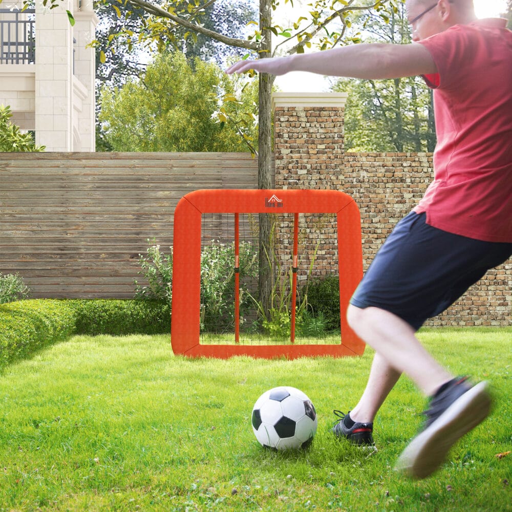 Roter höhenverstellbarer und klappbarer Rebounder mit Netz, vielseitig einsetzbar für verschiedene Ballsportarten.