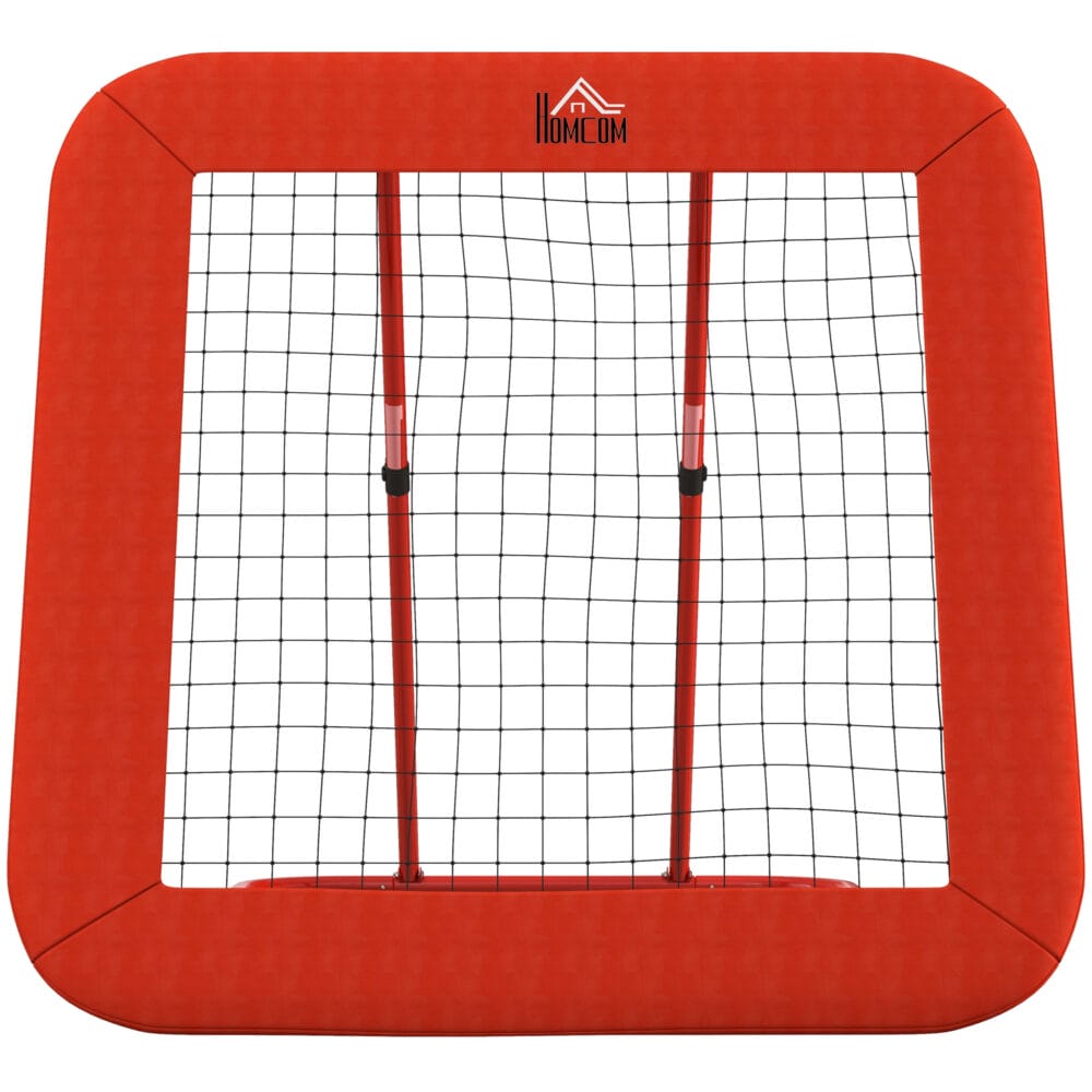 Roter höhenverstellbarer und klappbarer Rebounder mit Netz, vielseitig einsetzbar für verschiedene Ballsportarten.