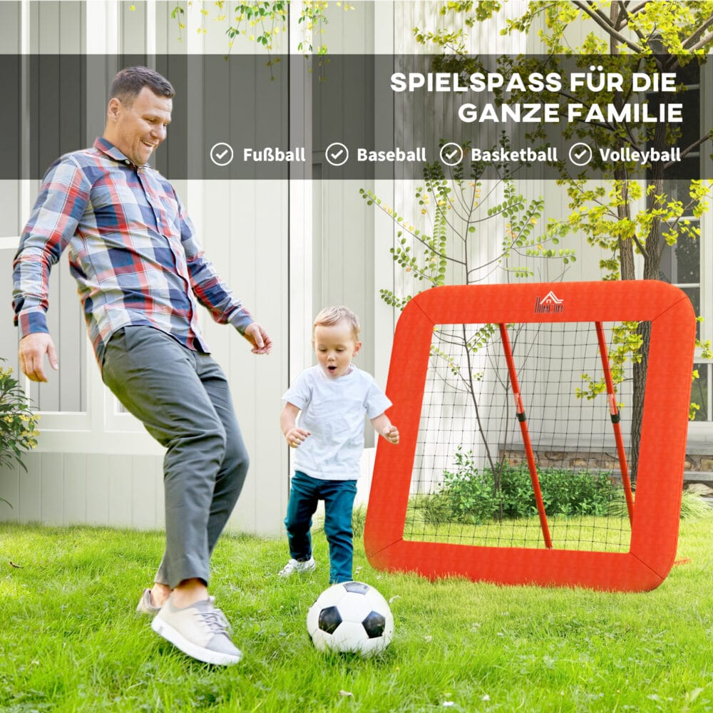 Roter höhenverstellbarer und klappbarer Rebounder mit Netz, vielseitig einsetzbar für verschiedene Ballsportarten.