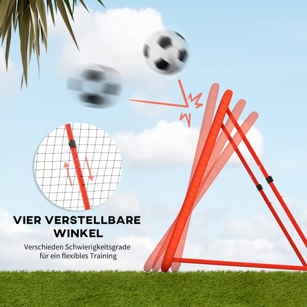 Roter höhenverstellbarer und klappbarer Rebounder mit Netz, vielseitig einsetzbar für verschiedene Ballsportarten.