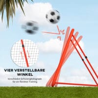 Roter höhenverstellbarer und klappbarer Rebounder mit Netz, vielseitig einsetzbar für verschiedene Ballsportarten.