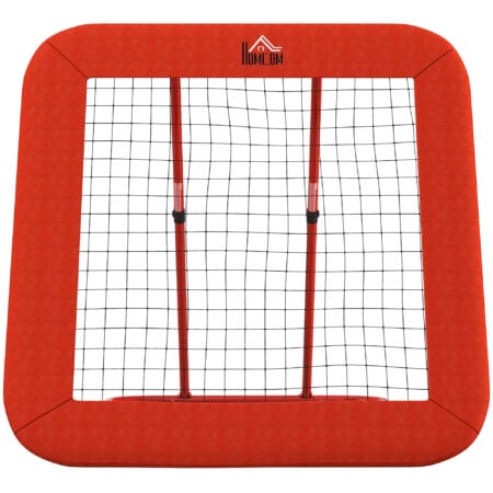 Roter höhenverstellbarer und klappbarer Rebounder mit Netz, vielseitig einsetzbar für verschiedene Ballsportarten.