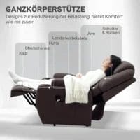 Frau liegt entspannt im Relaxsessel, der Ganzkörperstütze für Rücken, Hüfte, Beine und Arme bietet.