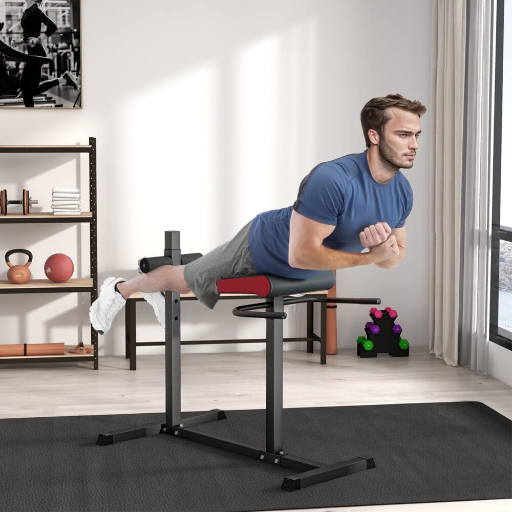 Schwarzer höhenverstellbarer Rückentrainer, ein vielseitiges Fitnessgerät, das auch als Bauchtrainer genutzt werden kann.