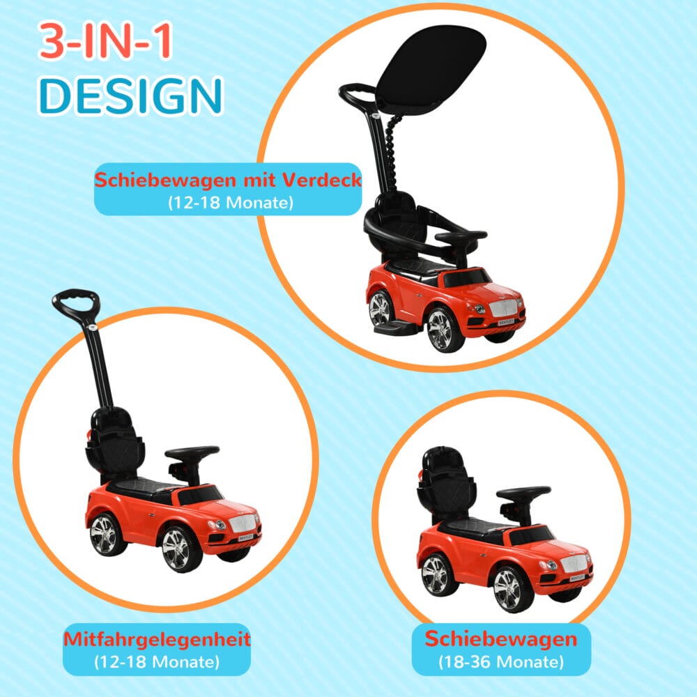 Rotes 3-in-1 Rutschauto für Kinder mit abnehmbarem Verdeck, passt sich verschiedenen Altersstufen an und bietet vielseitigen Spielspass.