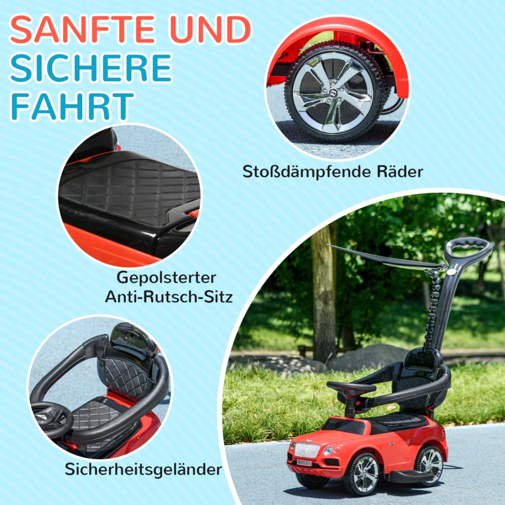 Rotes 3-in-1 Rutschauto für Kinder mit abnehmbarem Verdeck, passt sich verschiedenen Altersstufen an und bietet vielseitigen Spielspass.
