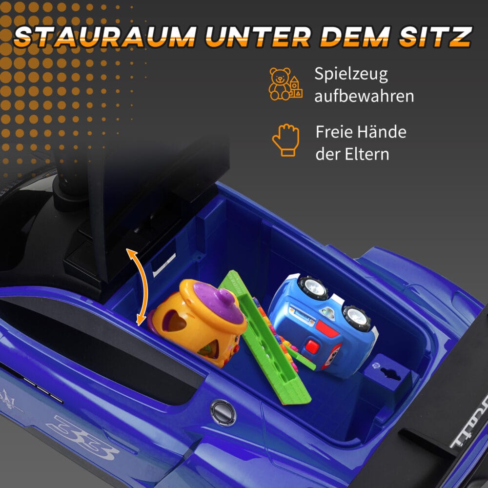Blaues Bobby Car Rutschauto mit Stauraum unter dem Sitz und Hupe, perfekt für Kinder von 1.5-5 Jahren. Fördert Bewegung und Koordination.