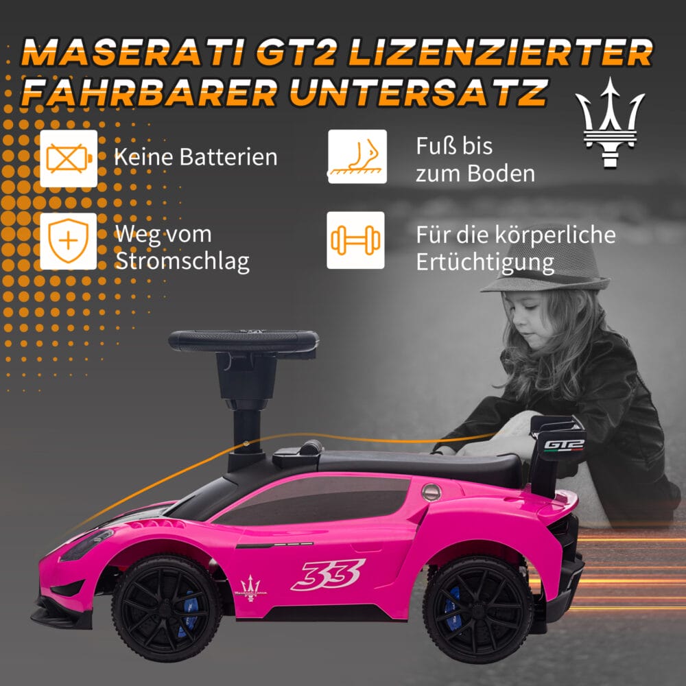 Rosa Bobby Car Rutschauto mit Stauraum unter dem Sitz und Musikfunktion, ideal für Kinder von 1.5-5 Jahren. Bringt extra Spass bei jeder Fahrt.