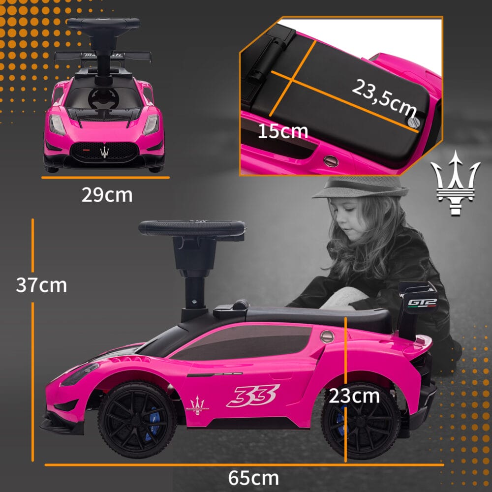 Rosa Bobby Car Rutschauto mit Stauraum unter dem Sitz und Musikfunktion, ideal für Kinder von 1.5-5 Jahren. Bringt extra Spass bei jeder Fahrt.