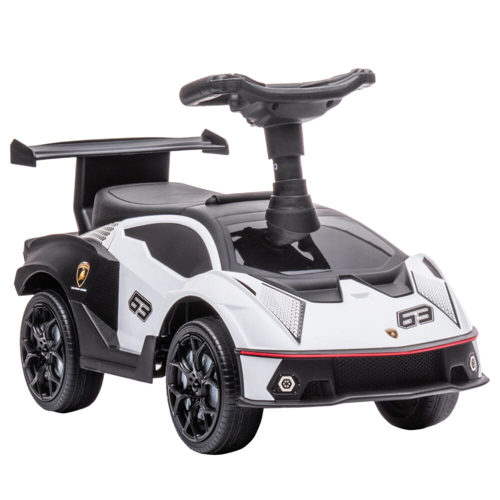 Weiss-schwarzes Rutschauto als Kinderfahrzeug mit Hupe, perfekt für den Einsatz drinnen und draussen.