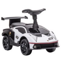 Weiss-schwarzes Rutschauto als Kinderfahrzeug mit Hupe, perfekt für den Einsatz drinnen und draussen.