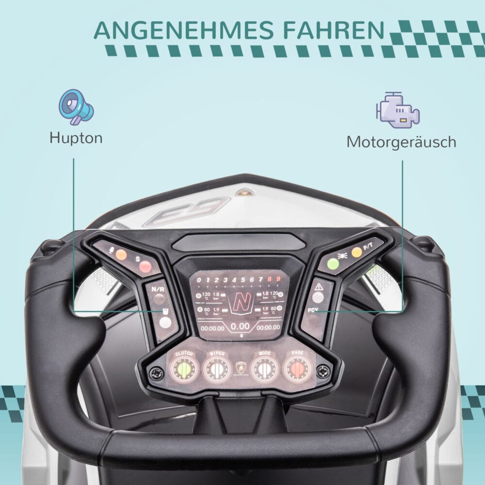 Weiss-schwarzes Rutschauto als Kinderfahrzeug mit Hupe, perfekt für den Einsatz drinnen und draussen.