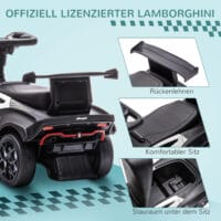 Weiss-schwarzes Rutschauto als Kinderfahrzeug mit Hupe, perfekt für den Einsatz drinnen und draussen.