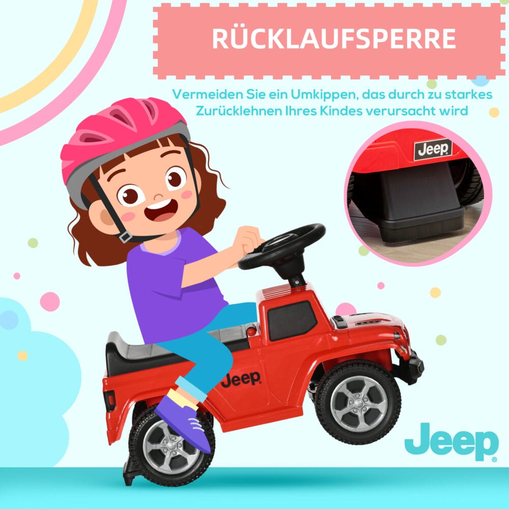Rotes Rutschauto als Kinderfahrzeug mit Kippschutz und Hupe, bietet sicheren Fahrspass für Kinder ab 18 Monaten.