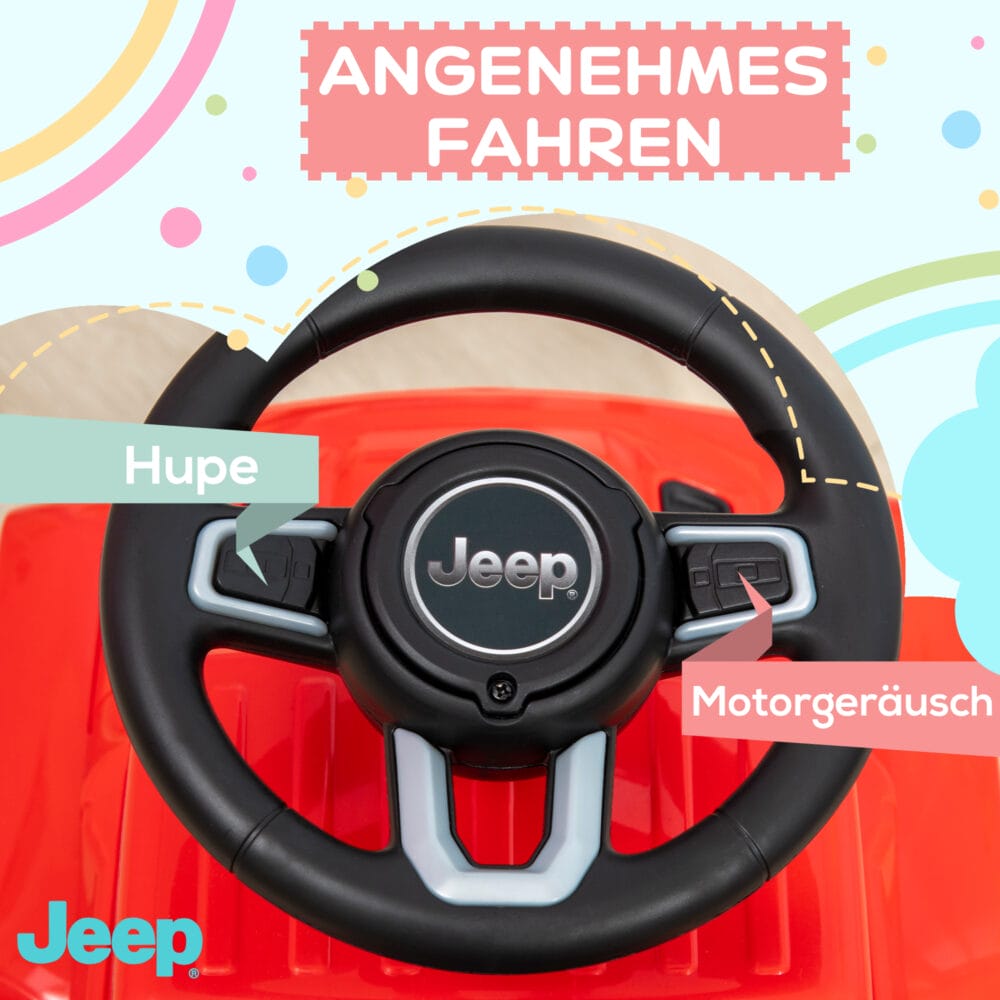 Rotes Rutschauto als Kinderfahrzeug mit Kippschutz und Hupe, bietet sicheren Fahrspass für Kinder ab 18 Monaten.