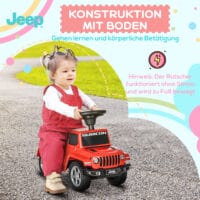 Rotes Rutschauto als Kinderfahrzeug mit Kippschutz und Hupe, bietet sicheren Fahrspass für Kinder ab 18 Monaten.