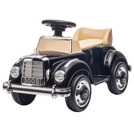 Schwarzes Rutschauto als Kinderfahrzeug mit Kippschutz und integriertem Stauraum, ideal für Kinder von 18-48 Monaten.