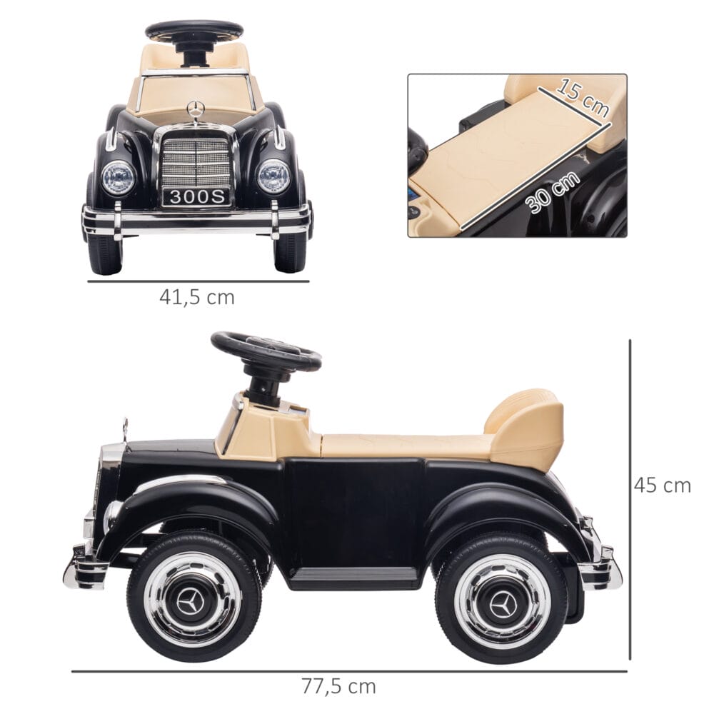 Schwarzes Rutschauto als Kinderfahrzeug mit Kippschutz und integriertem Stauraum, ideal für Kinder von 18-48 Monaten.
