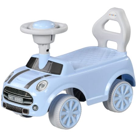 Hellblaues Rutschauto für Kinder mit Kippschutz, kompakt und sicher für kleine Fahrer, Grösse 53x52x35cm.