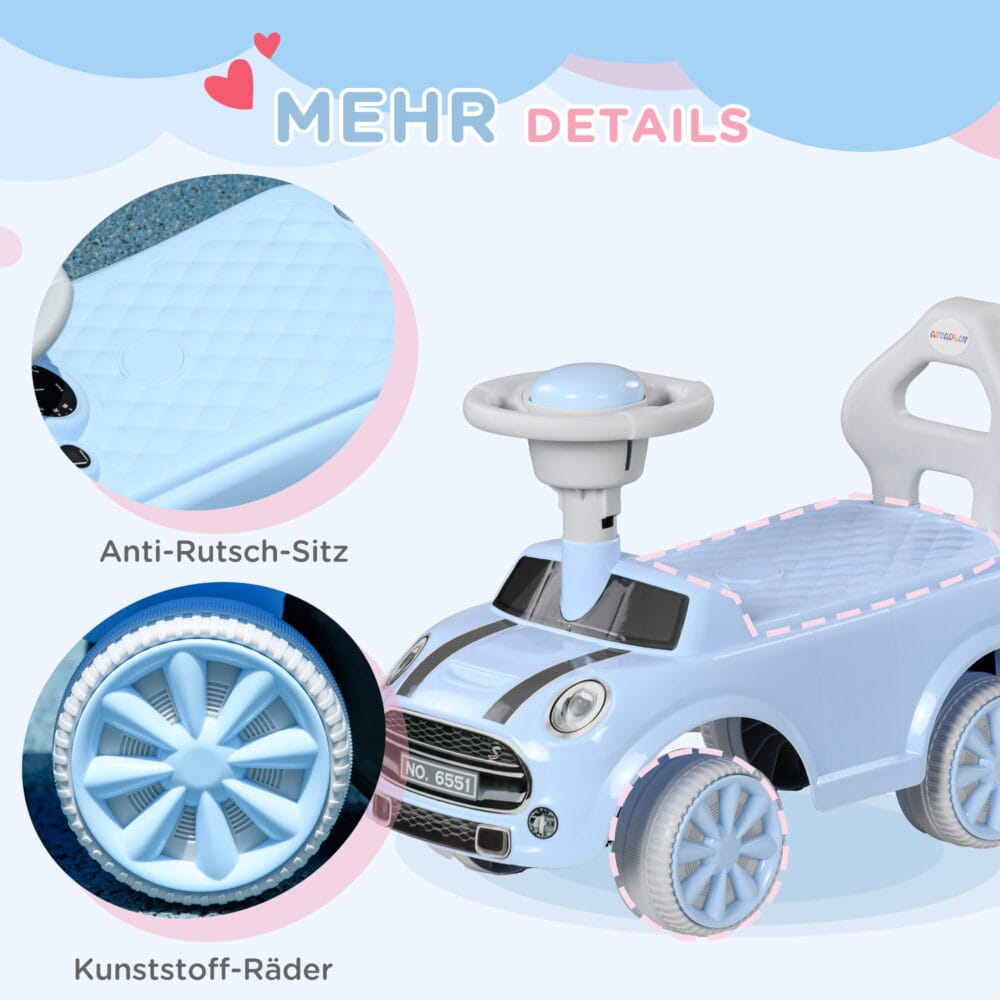 Hellblaues Rutschauto für Kinder mit Kippschutz, kompakt und sicher für kleine Fahrer, Grösse 53x52x35cm.