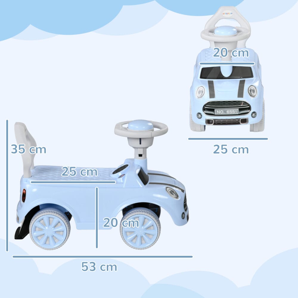 Hellblaues Rutschauto für Kinder mit Kippschutz, kompakt und sicher für kleine Fahrer, Grösse 53x52x35cm.