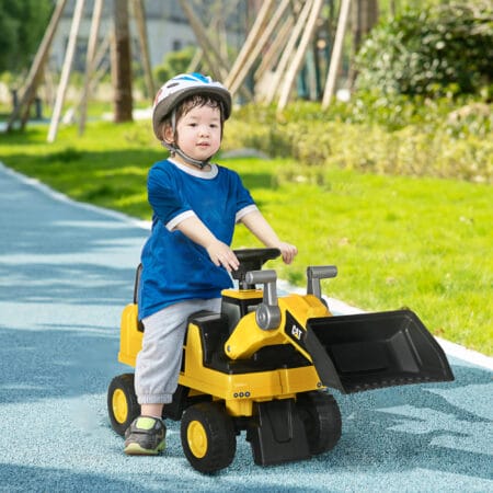 Gelb-schwarzes Rutschauto im Design eines Sitzbaggers mit Hupe, geeignet für Kinder ab 12 Monaten.
