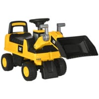Gelb-schwarzes Rutschauto im Design eines Sitzbaggers mit Hupe, geeignet für Kinder ab 12 Monaten.