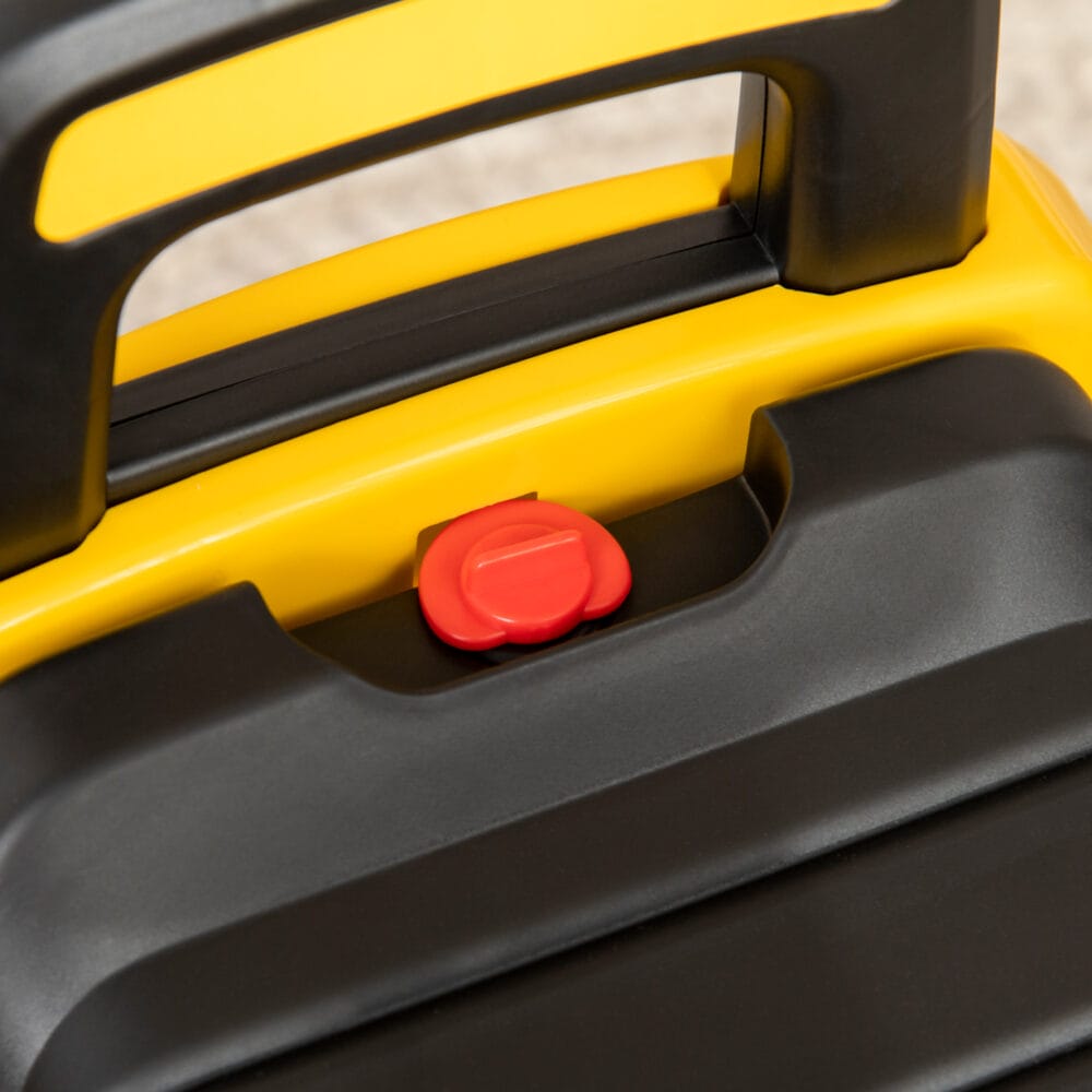 Gelb-schwarzes Rutschauto im Design eines Sitzbaggers mit Hupe, geeignet für Kinder ab 12 Monaten.