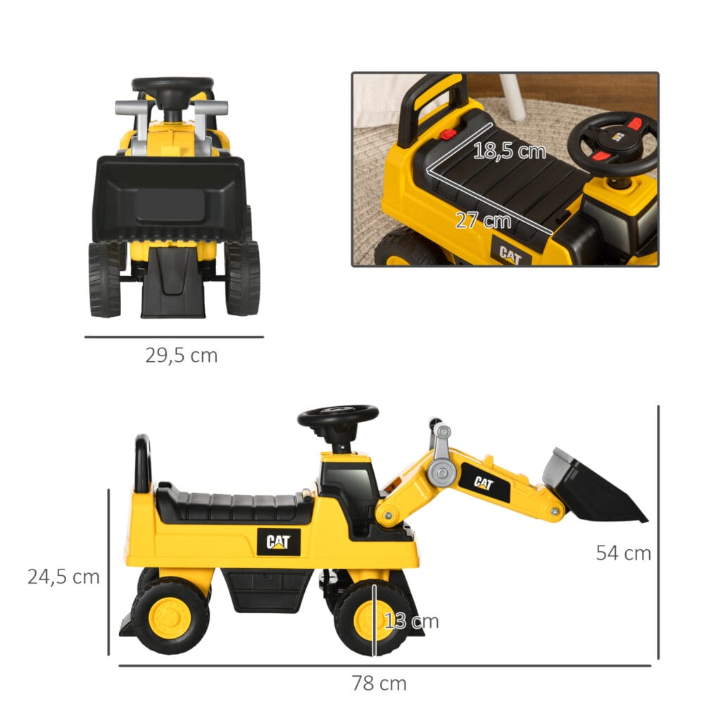 Gelb-schwarzes Rutschauto im Design eines Sitzbaggers mit Hupe, geeignet für Kinder ab 12 Monaten.