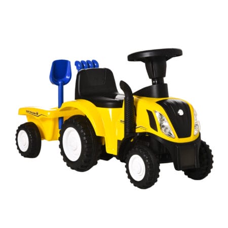Gelbes Rutschauto im Traktor-Design mit abnehmbarem Anhänger, ideal für Kinder ab 2 Jahren. Perfekt zum Transportieren von Spielzeug und Entdecken.