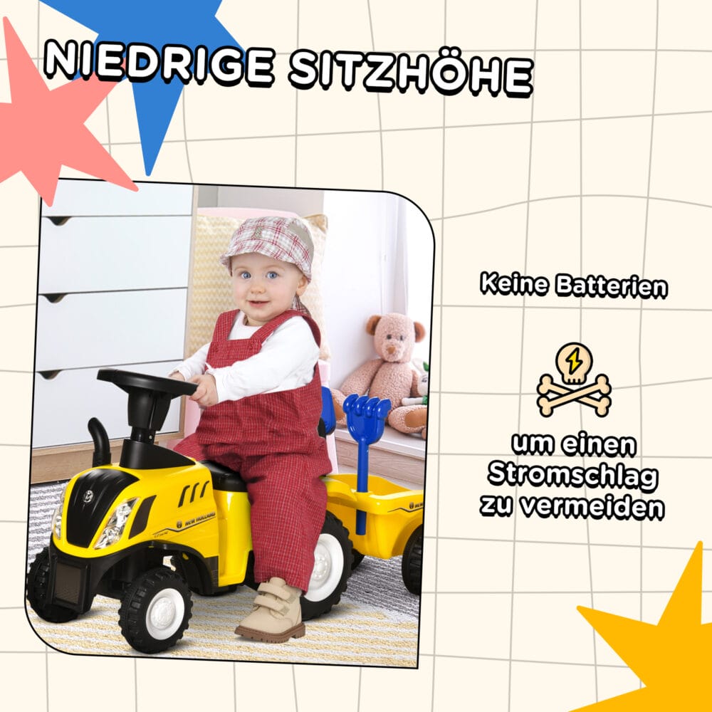 Gelbes Rutschauto im Traktor-Design mit abnehmbarem Anhänger, ideal für Kinder ab 2 Jahren. Perfekt zum Transportieren von Spielzeug und Entdecken.