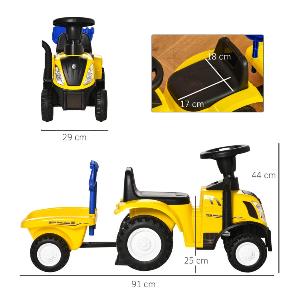 Gelbes Rutschauto im Traktor-Design mit abnehmbarem Anhänger, ideal für Kinder ab 2 Jahren. Perfekt zum Transportieren von Spielzeug und Entdecken.