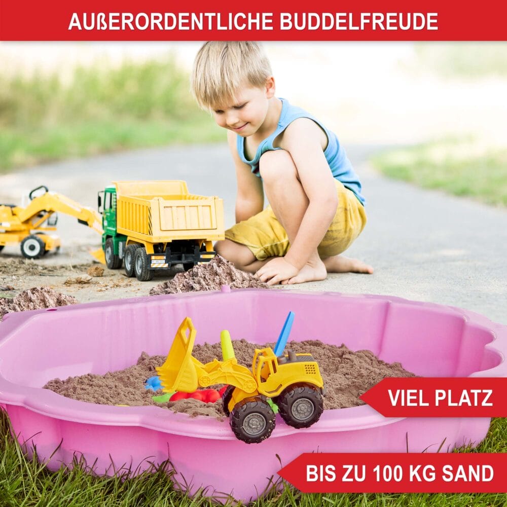 Rosa Muschel-Sandkasten mit klappbarem Deckel zum Schutz vor Schmutz.