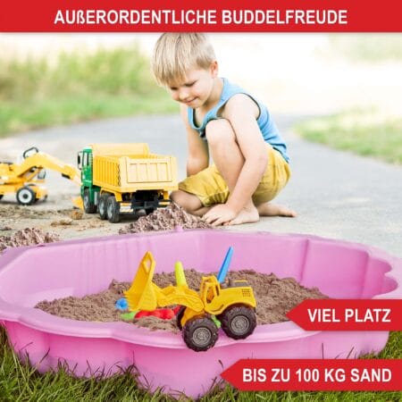 Rosa Muschel-Sandkasten mit klappbarem Deckel zum Schutz vor Schmutz.