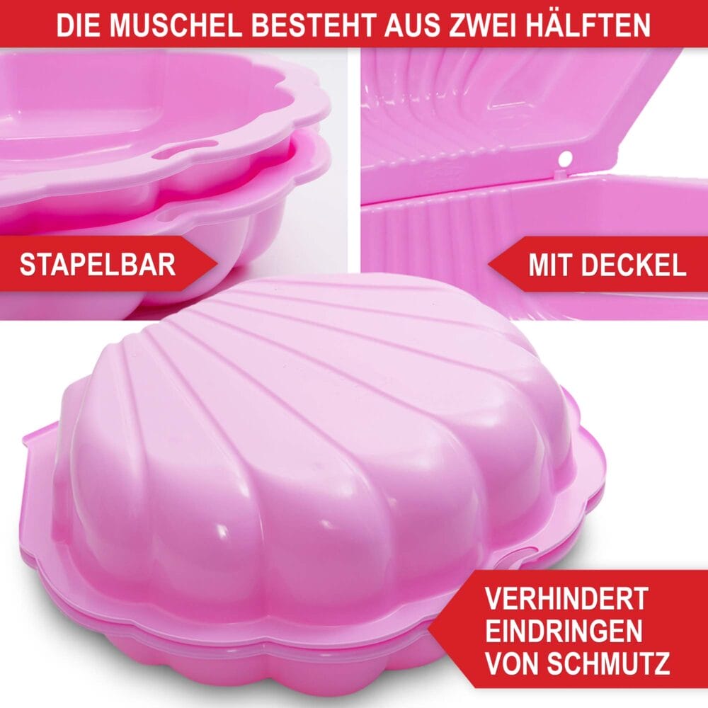 Rosa Muschel-Sandkasten mit klappbarem Deckel zum Schutz vor Schmutz.