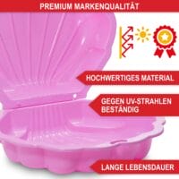 Rosa Muschel-Sandkasten mit klappbarem Deckel zum Schutz vor Schmutz.