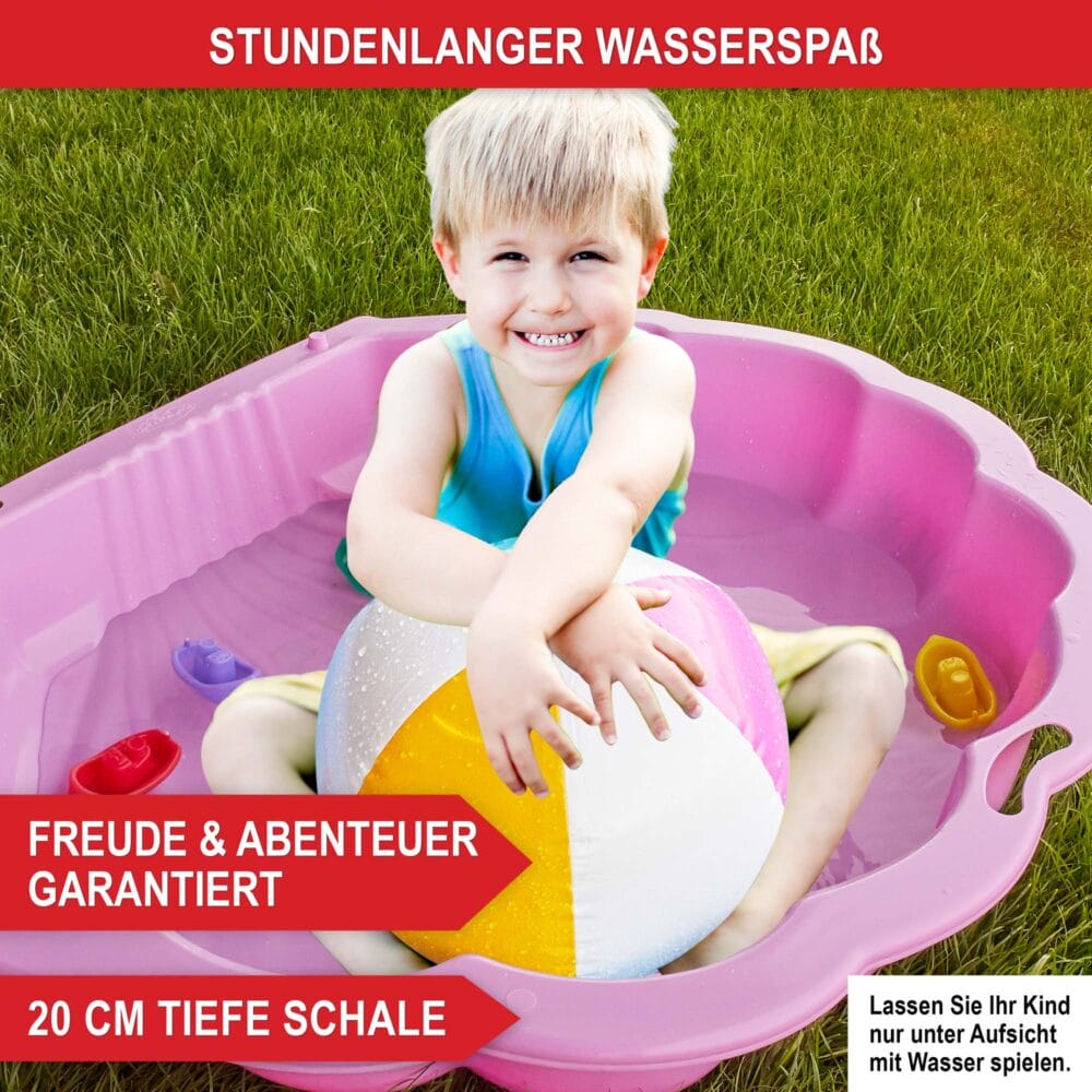 Rosa Muschel-Sandkasten mit klappbarem Deckel zum Schutz vor Schmutz.