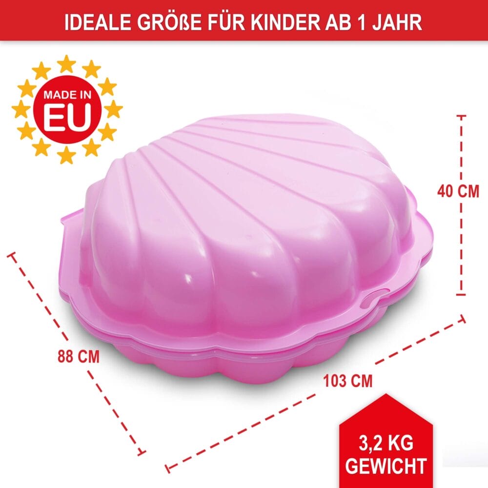 Rosa Muschel-Sandkasten mit klappbarem Deckel zum Schutz vor Schmutz.