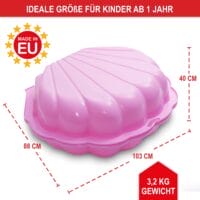 Rosa Muschel-Sandkasten mit klappbarem Deckel zum Schutz vor Schmutz.