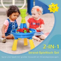 Bunter Sandkasten, der auch als Wasserspieltisch genutzt werden kann. Ein vielseitiges Spielzeug für kreatives Spielen mit Sand und Wasser im Garten.