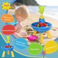 Bunter Sandkasten, der auch als Wasserspieltisch genutzt werden kann. Ein vielseitiges Spielzeug für kreatives Spielen mit Sand und Wasser im Garten.