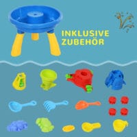 Bunter Sandkasten, der auch als Wasserspieltisch genutzt werden kann. Ein vielseitiges Spielzeug für kreatives Spielen mit Sand und Wasser im Garten.